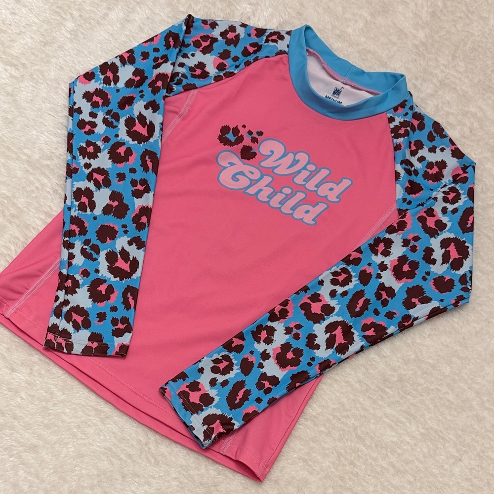 Youth Girls Leopard Print Rash Guard Swim Shirt - Wild Child